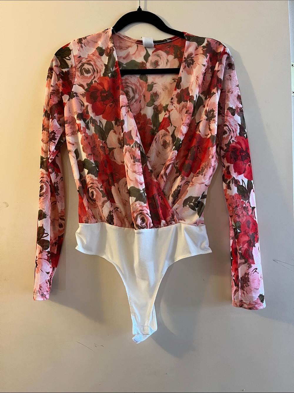 Windsor Pink & Red Floral Long Sleeve Wrap Bodysuit with White Bottom